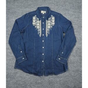 Overland Chambray Denim Embroidered Shirt Women's Large Blue Button Up Western
